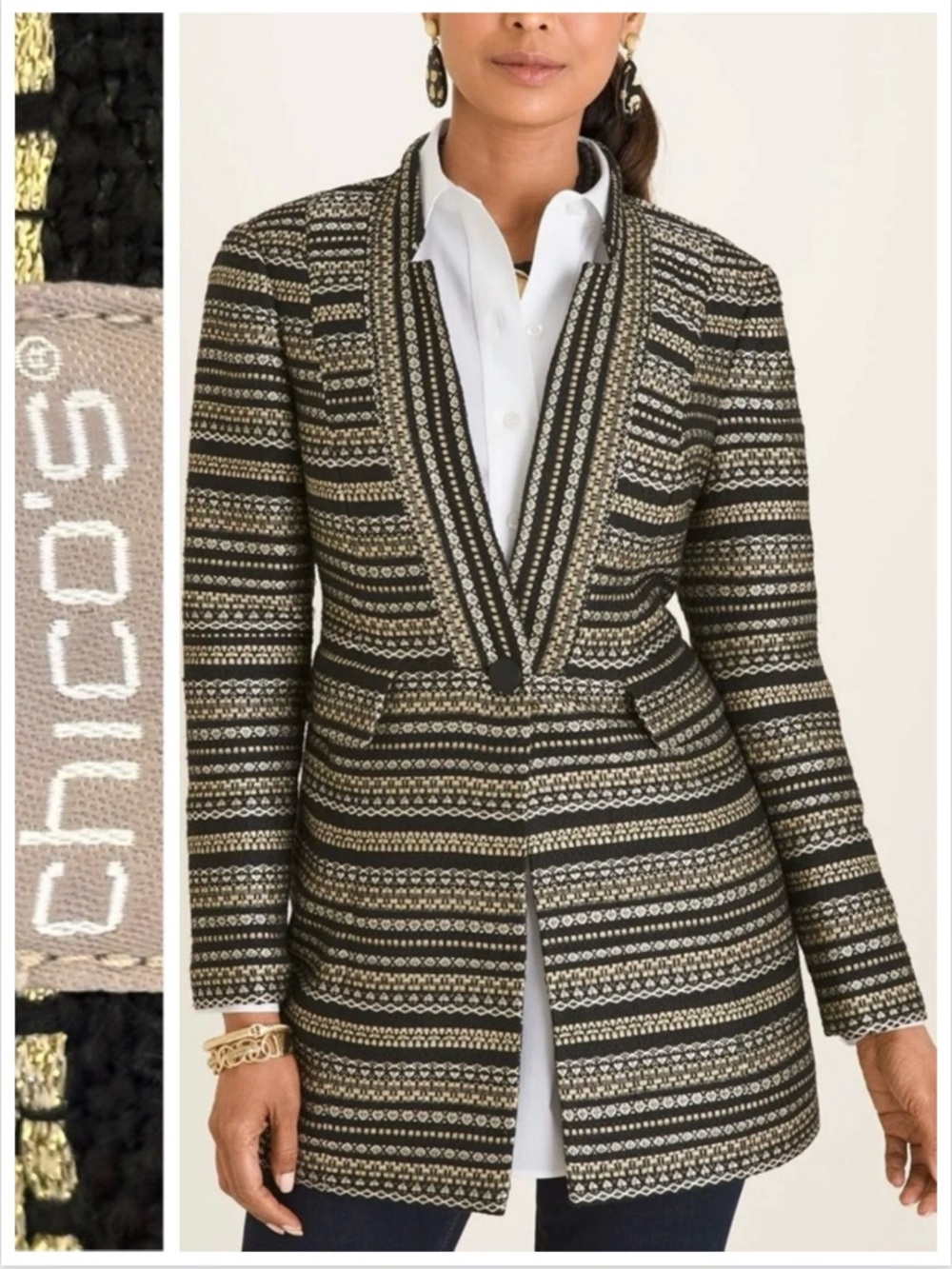Chico's Blazer Black Gold stripes pockets lined evening event sz 3 (XL/16)
